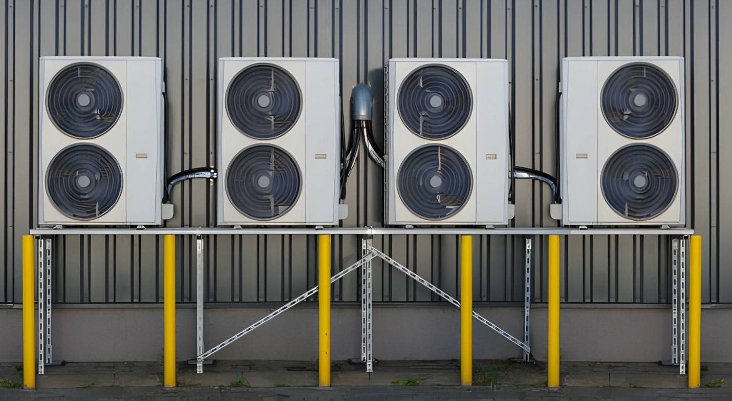 A series of split air conditioner condensers mounted on a building wall, showcasing modern cooling technology.